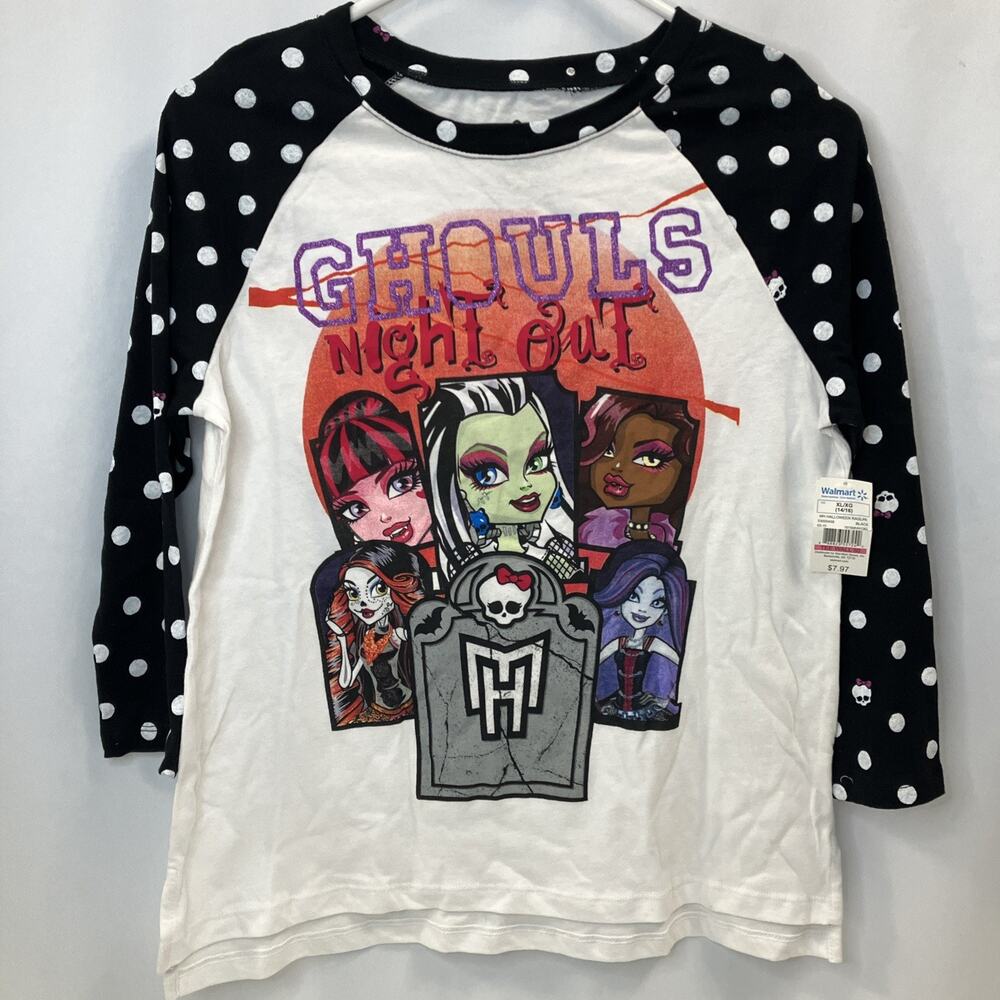 Monster High Ghouls Night Out White T-shirt Girls Sz XL (14-16) 3/4 sleeve